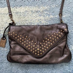 Frye Genuine Black Leather Crossbody Purse with Antiquated Brass Studs
